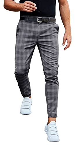 Pantalones chinos ajustados a cuadros para hombre, elásticos, holgados, transpirables, de pierna recta, cómodos, casuales, versátiles, clásicos, a cuadros, para caballeros, gris, M
