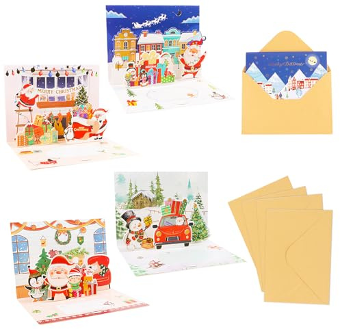 SULOLI 4pcs Cartes de Noël 3D avec Enveloppe，Carte Pop-Up Noel, Carte de Vœux Noël Cartes Pliantes,Remerciement Joyeux Noel