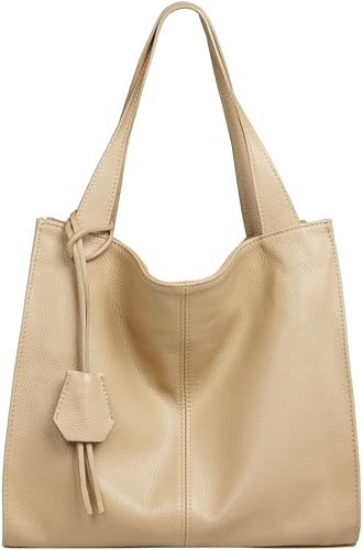 Caspar Große Damen Leder Schultertasche XL Shopper mit praktischer Innenaufteilung - PREMIUM LINE - Modell No.832 - Made in Italy, Farbe:sand