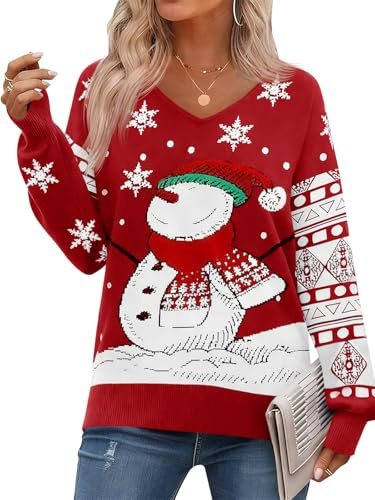 Saodimallsu Jersey navideño para mujer con diseño de muñeco de nieve, de manga larga, con cuello en V, de punto, cálido, para invierno y Navidad, rojo, XL