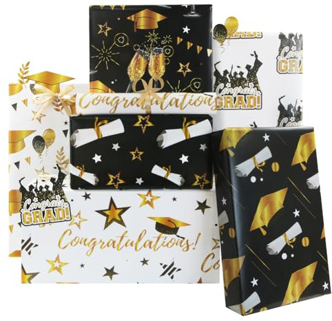 6 fogli di carta da regalo per laurea, colore bianco, nero e oro, con nastro dorato, 50 x 70 cm per foglio, piegati, per feste di laurea