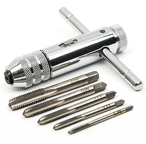 QISF Adjustable Silver T-Handle Ratchet Tap Holder Wrench with 5pcs M3-M8 3mm-8mm Machine Screw Thread Metric Plug T-shaped Tap