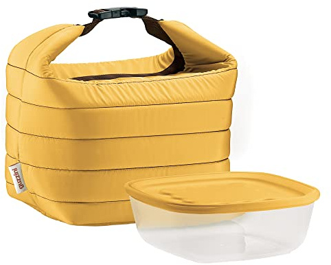 Guzzini Handy - Set Borsa Termica con Contenitore Salvafreschezza On The Go, Ocra, Borsa 22 x 18 x h22 cm, Contenitore 19.6 x 19.6 x h7 cm, 1400 cc