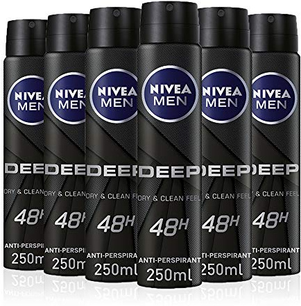 NIVEA MEN DEEP Black Carbon Anti-Perspirant Spray (6 x 250ml), Men's Deodorant Spray with 72H of Protection Against Stains and Odours, Anti-Bacterial, Developed with MAXXTECH Formula (Pack of 6)