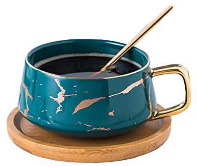 YBK Tech Ensemble de tasses à thé et café en porcelaine pour le thé de l'après-midi – Motif marbre (bleu, 300 ml + soucoupe en bois)
