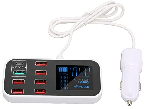 Cargador de Coche USB de 8 Puertos, Adaptador de Cargador de Coche de Estación de Carga Rápida USB de 40 W con LCD, Divisor de Concentrador USB de Carga Rápida QC 3.0 para Dispositivo Múltiple de Coch