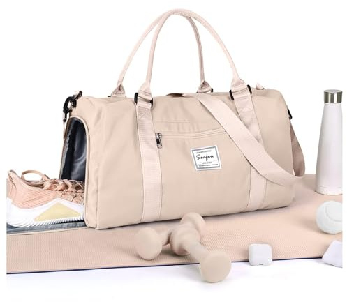 HYC00 Sac de Sport Femme Homme Sac de Gym avec Compartiment de Chaussures et Poche Humide, Sacs de Voyage Weekend Duffle Bag Cabas de Fitness Sports Gym Bag Sacs polochons Hôpital Holdall,Beige