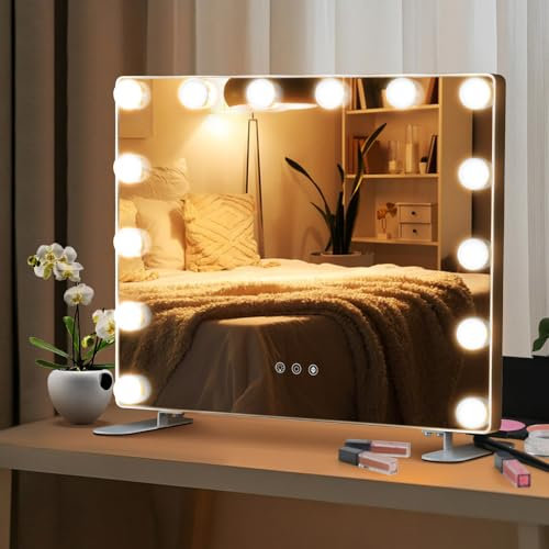 COSTWAY Hollywood Spiegel mit 14 dimmbaren LED-Leuchten, 3 Lichtfarben, 2-in-1 Tischspiegel & Wandspiegel mit Metallständer, Schminkspiegel Kosmetikspiegel mit Smart-Touch-Steuerung, 50 x 18 x 43 cm