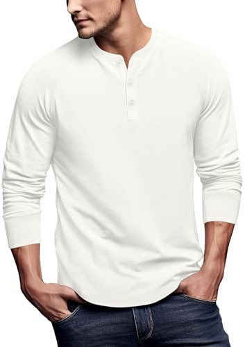 Zengjo Men's Henley Long Sleeve T-Shirt(Off White,L)