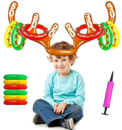 Weihnachten Aufblasbares Ringwurfspiel, Rentiergeweih Wurfspiel Kinder Outdoor Indoor Weihnachtsspiel, Ring Toss Game Spiel Ring Wurfspiel Weihnachten Spiel, Spiele für Draussen Party Gadgets