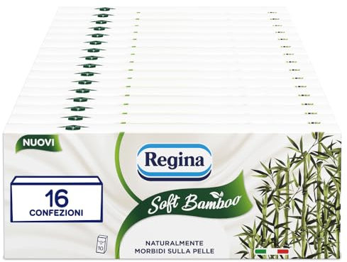 Regina Soft Bamboo Taschentücher - 16 Packungen mit je 10 Päckchen 4-lagig, natürlich weich auf der Haut, mit Bambusfasern und reiner Zellulose, FSC-zertifiziert