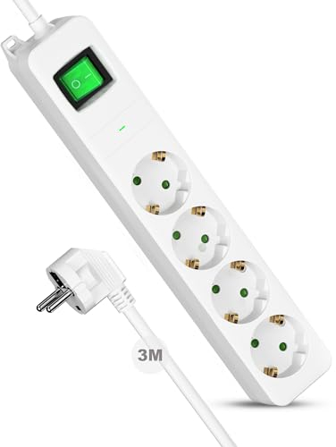 𝟒 𝐅𝐚𝐜𝐡 Steckdosenleiste mit Überspannungsschutz, Maiyle 𝟑𝐌 Verlängerungskabel mit Schalter 1050J, Wandmontage, Kindersicherung Mehrfachsteckdose (3680W,16A,Weiß)
