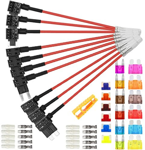 Aiqeer 10 Pezzi 12V / 24V Add-a-Circuit Portafusibili Set, Adattatore Fusibili Auto con 16 AWG Cavo, Gratuito 18 Pezzi Fusibili a Lama e Estrattore di Fusibili (Terminale di Testa)