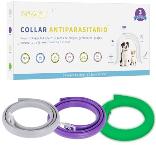 DEWEL Collar Antipulgas para Perros y Gatos, Collar Antiparasitario Ajustable contra Pulgas y Garrapatas, Protección Duradera para Mascotas, 63,5 cm, 3 Colores