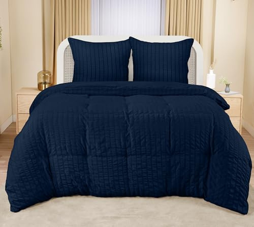 Utopia Bedding Seersucker Påslakanset - Mjukt Påslakan av Polyester med Mikrofiber 220x240 cm Med 2 Örngott 65x65 cm - Marinblå