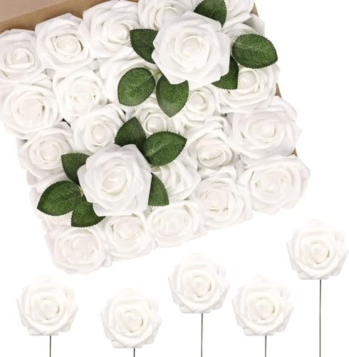 N&T NIETING 50 Pièces Roses artificielles, Toucher réel Fleurs Artificielles- Latex Faux Roses pour Bouquets de Mariage, Centres De Table Bridal Shower Home Party DIY Décorations(Blanc)