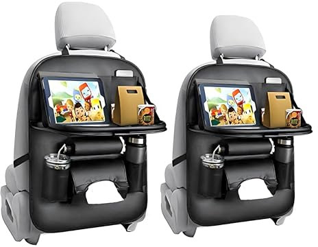 EAQ 2 Stück Rückenlehnenschutz Auto Kinder mit faltbarem Tischtablett, PU-Leder-Auto Organizer,Autositz Organizer Mit Faltbarer Esstischhaltertasche, Rücksitz Organizer