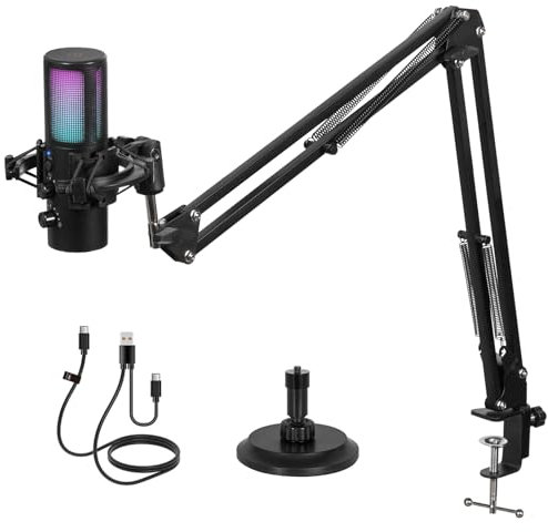 Todeco Gaming USB Mikrofon mit Steuerbare RGB Licht, Geräuschunterdrückung Kondensator Mikrofon mit Galgenarm und Mikrofon Ständer, EIN-klick-Stummschaltung, für Streaming, Podcast, PC, MAC, PS4/5