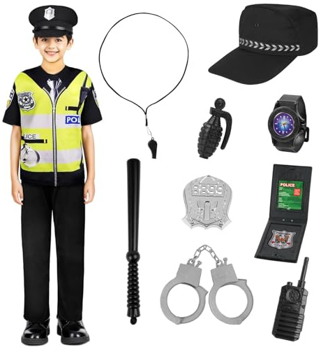 Aomig Disfraz Policia Niño, 11 Pcs Kit de Juego de Rol de Policía, Disfraz de Policía Infantil con Esposas, Walkie-Talkie, Silbato, Porra y Otros, Traje Policia Niño para Cosplay Carnaval Halloween, S