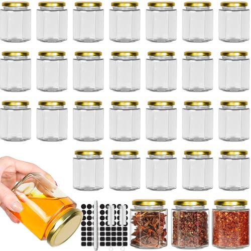 CulnCraz 180 ml Hexagonal Glass Jars with Gold Lids, 30 Pack 6 oz Airtight Canning Jars, Food Storage Contains for Spice, Jam, Honey, Yogurt, with 2 Brushs, 80 Stickers and1 Pen for Labeling