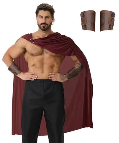 maxToonrain Spartanischer Krieger-Kostüm für Herren mit 2 Armbändern, griechisch-römischer Gladiator-Soldaten-Umhang, historisches Kostüm für Halloween, Weihnachten, Larp-Weltbuchtag (Dunkelrot, 128