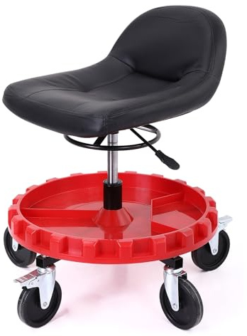 TBQATNTS Workshop Bench, Rolling Shop Stool with 360° Swivel Tray, 220lbs Capacity Mechanic Stool with 5 Silent Wheels & Backrest, Round Pallet Garage Pneumatic Bench for Garage Workshop,A