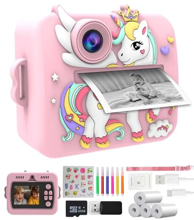 Cámara Instantánea para Niños Unicornio, Cámara Infantil 1080P con Zoom 16X y Pantalla IPS 2.4, Impresión Térmica sin Tinta, Juegos, Música, Tarjeta 32GB, Regalo Ideal para Niñas de 3 a 12 Años