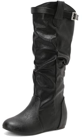Botas Altas hasta La Rodilla para Mujer con Falda con Correa De Hebilla Tacones Cuña Ocultos Punta Redonda Piel Falsa Casual De Moda,Negro,47 EU