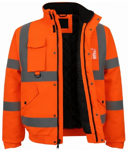 SBZ Hi Vis Waterproof Bomber Jacket Safety Workwear High Viz Visibility Security Concealed Hood Fluorescent Flashing Hooded Padded Waterproof Coat (UK, Alpha, M, Regular, Regular, Orange)