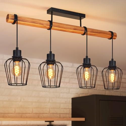 ZMH Vintage Plafonnier Salon Bois : Lustre Style Industriel Noir 4 Lumières Rétro - Applique Cuisine Métal avec Douilles E27 pour Salle à Manger (Ampoules Non Incluses)