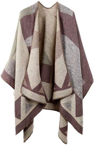 Shmily Girl - Damen Poncho Habe Gestrickt Überdimensionalen Decke Kap-Schal (A - Beige Blockfarbe)