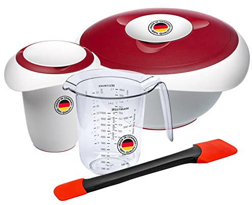 Westmark Koch- und Backset, 4tlg., Quirltopf 1 l, Rührschüssel 3,5 l je mit Deckel, Messkanne 1 l und Teigschaber, Kunststoff/Silikon, Duo, Transparent/Weiß/Rot/Schwarz, 315122E8