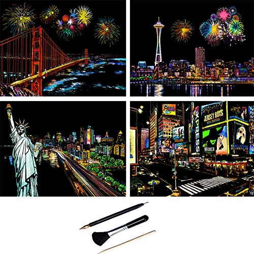 ShipeeKin 4X Kratzbilder, 290x210 MM Sehenswürdigkeiten Wandbild, Beschichtete Bunte Kratzpapier mit Werkzeug Set (U.S.A)