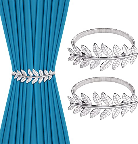 Hejo 2 Stück Silber Blätter Raffhalter für Vorhänge, Verstellbare Gardinenhalter mit Federseil Vorhang Halter im Europäischen Minimalistischen Stil zur Dekoration von Wohnzimmer Büro Schlafzimmer Café