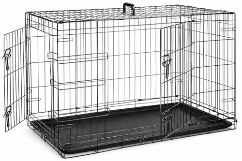 Raxter Puppy Dog Crate 42 Inch Foldable Double Door 4 Locks Metal Dog Cage with Carry Handle & Removable Plastic Tray Small Pet Playpen Kennel for Cats, Dogs Training, Animals Travel & Safety