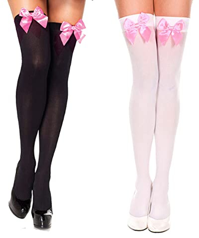 AWOCAN 2PCS Women Satin Bow Thigh High Stockings Over The Knee Socks Long Stockings for Girl Lady (White+Pink Black+Pink)