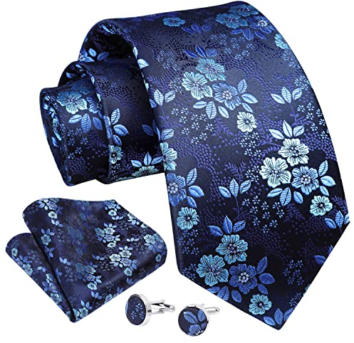 Enlision Krawatten für Herren Hochzeit Krawatte Blau Blumen Krawatte mit Einstecktuch und Manschettenknöpfe Set Seidenkrawatte Dunkelblau