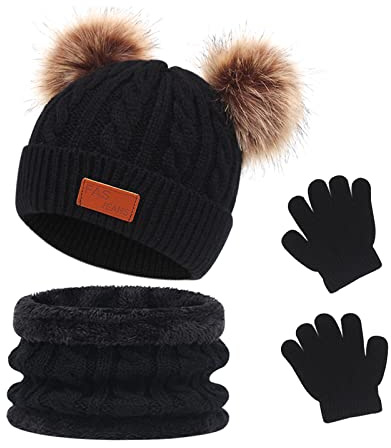 Waylipun Ensemble Bonnet, écharpe et Gants pour Enfants Garçon Fille, 2-6 Ans, Bonnets Tricotés avec Pompon et Snood Gant pour Garçons Filles (Noir)