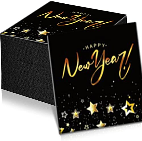 100 Stück, Größe 33x33 cm,Papierservietten Happy New Year Schwarze Servietten mit goldmetallischer Happy New Year Aufschrift Schwarz/Gold Silvester Neujahr Party Dekoration