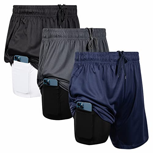 Ultra Performance 3 Pack Mens 2 in 1 Athletic Running Shorts 7 inch Inseam Workout Gym Compression Shorts for Men