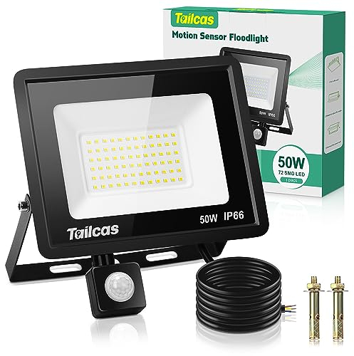 Tailcas 50W Led Strahler mit Bewegungsmelder Außen, 4500LM 6500K Superhell LED Fluter mit Sensor IP66 Wasserdicht Flutlichtstrahler Scheinwerfer Licht Wandleuchte für Hof, Garage, Garten