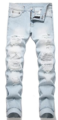 OIIIO Men's Ripped Slim Fit Straight Leg Jean Denim Pant (36, 30011 Blue)
