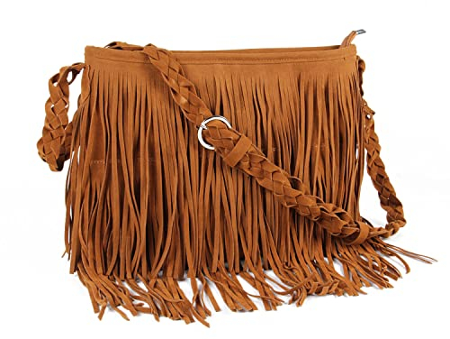 Fecialy Faux Suede Fransen Umhängetaschen für Damen Western Hippie Umhängetasche Messenger Bag Sling Bag,Braun