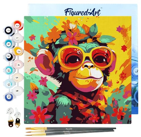 Figured'Art Mini Malen Nach Zahlen Erwachsene Mit Rahmen 20x20cm Kleines Format - Fantasie Affe mit Blumen - Paint by Numbers Basteln DIY Bastelset Leinwand gespannt auf Holzrahmen
