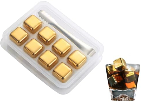 Kellegour Glaçons en Acier Inoxydable,8pcs Glaçons à Whisky Réutilisables avec Clips,Doré Pierres de Whisky,Glaçons Réutilisables,Accessoires de bar Pour Vin,Vodka,Liqueur,Jus de Boisson ou Limonade