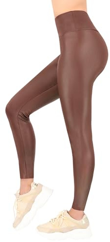 FUTURO FASHION Dam glänsande blöta look leggings – rumplyft hög midja icke genomskinlig design stretchig och andningsbar idealisk för vardaglig fest fitness olika färger storlekar S till 5XL, Brun, XL