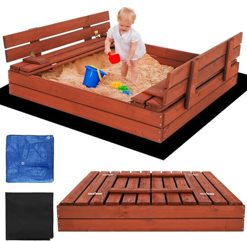 Sabbia con copertura 120 cm – Sabbiera in legno con panchina, resistente alle intemperie e impregnata, coperchio pieghevole, sicura per bambini e legno FSC, SPRINGOS