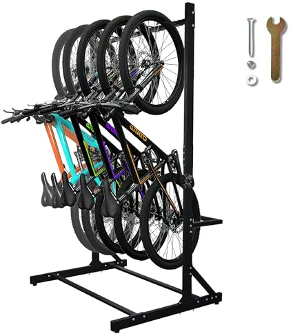 Freestanding 5 Bike Storage Rack for Garage, Hold Multiple Bicycles, Mountain Bikes, Road Bikes, Kids’ Bicycles and E-Bikes