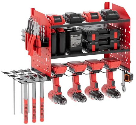 Jellybibo Rangement mural pour outil électriques, Étagère à outils à 3 niveaux pour 4 outils électriques, avec support pour tournevis, marteaux, pour garage