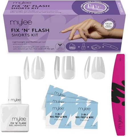 Mylee Kit Fix N Flash Soft Gel Tips Shorts, 3 forme, 216 pezzi – Mandorla, Quadrata & Coffin, con Gel, Salviette Prep & Lima Mezza Luna, Copertura Totale, Unghie Flessibili & Resistenti